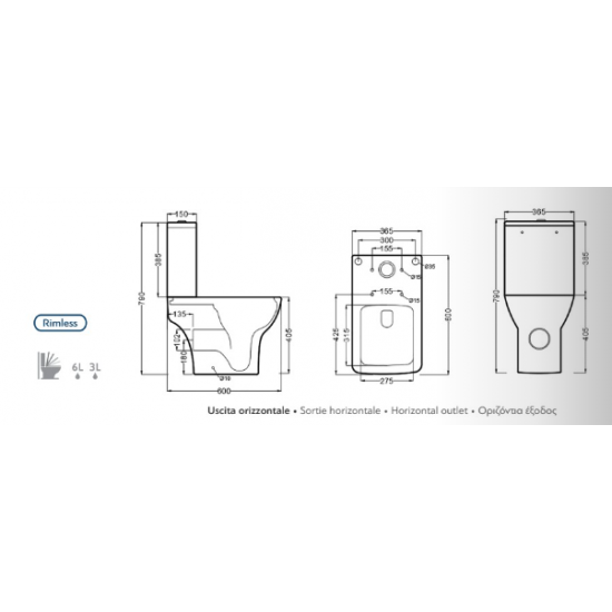 Λεκάνη Δαπέδου Karag Amfipolis TR 126 Πορσελάνης Λευκή Οριζόντιας Αποχέτευσης Τετραγωνισμένη με Καζανάκι και Κάλυμμα Soft Close